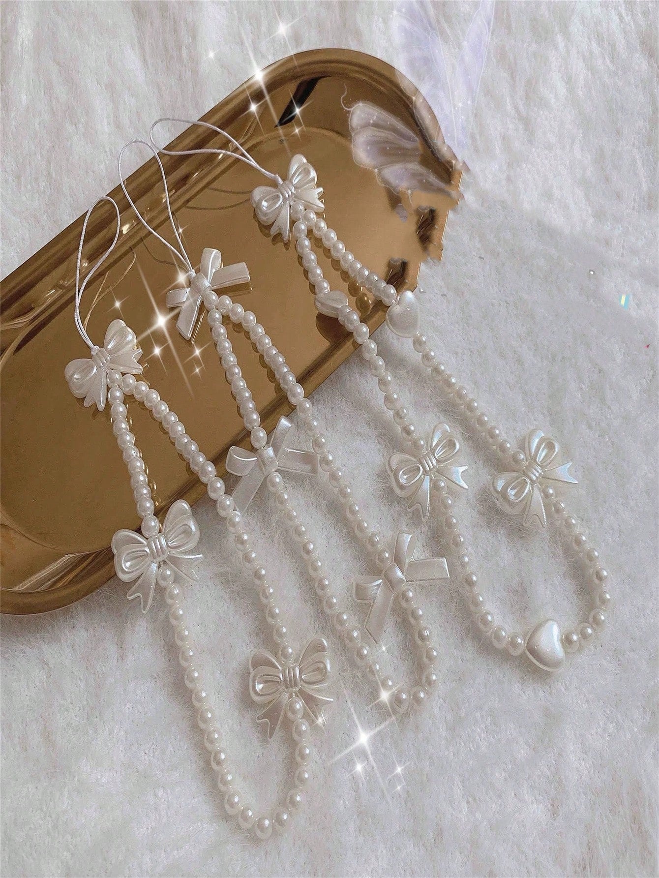 Sweet Style Anti-Fall Portable Fairy Pearl Crystal Bowknot Phone Chain, Handmade Butterfly Knot For Girls-White-1