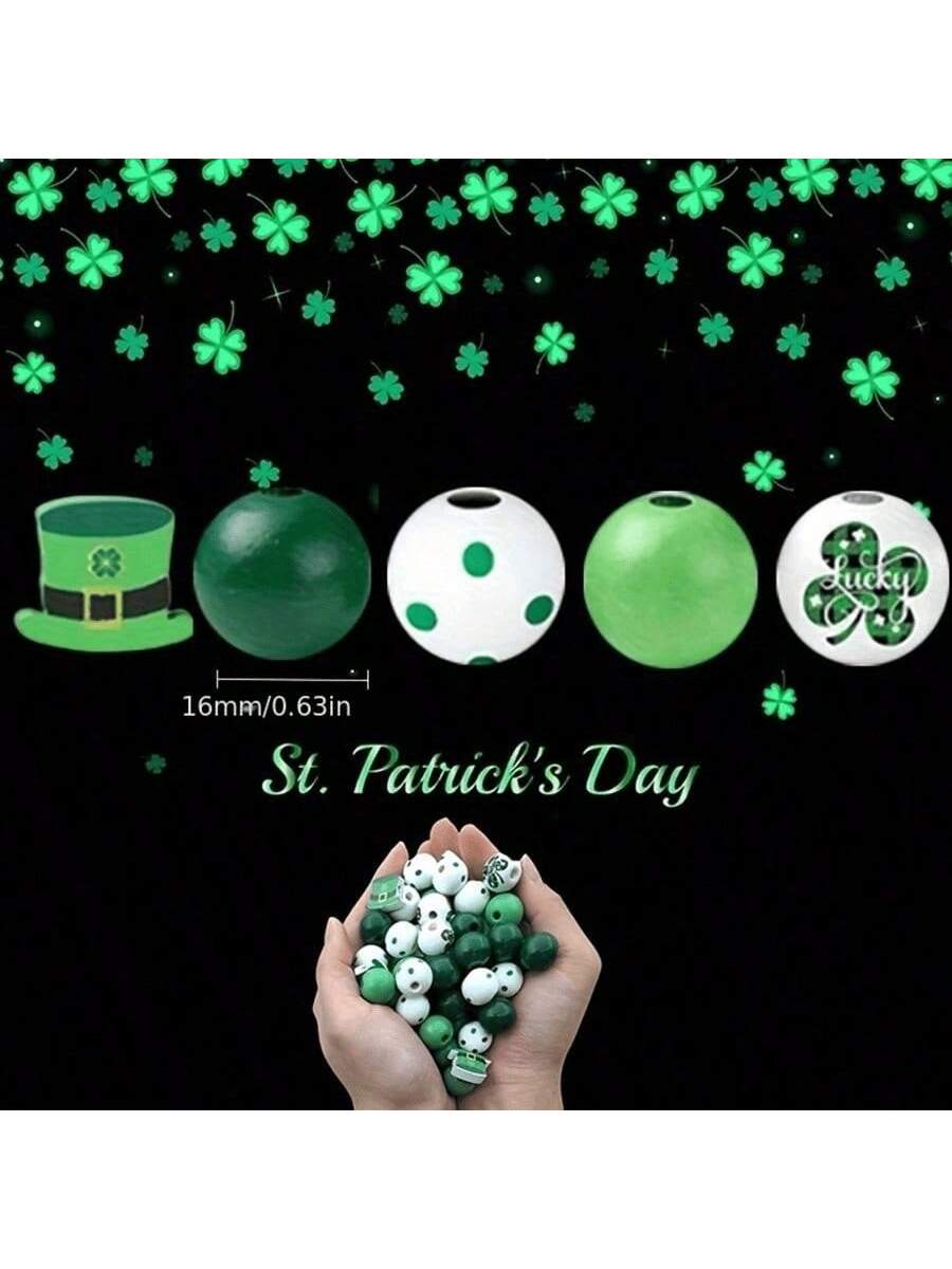 Wooden Beads St. Patrick'S Day Christmas New Year'S Day Valentine's Day Decoration Colored Beaded Wooden Round Bead Colored Wooden Separator Bead Diy Craft Decoration (Green Series, Round, Clover, Beer And Other Elements)-Green-1