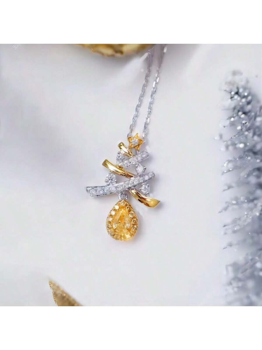 Wishful Christmas Tree Yellow Rhinestone Pendant S925 Sterling Silver Plated Gold Necklace, Forest Warm Creative Design Collarbone Chain For Women-White-1