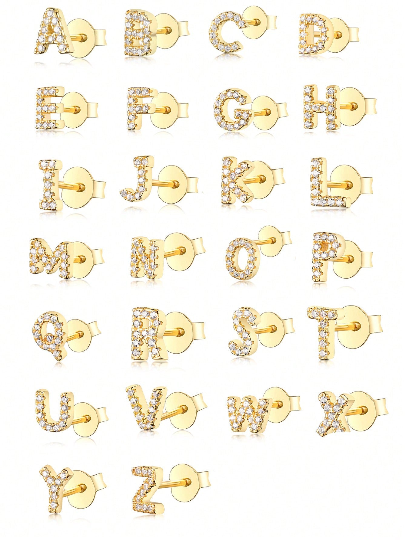 1pc 925 Sterling Silver & Micro- Letter A-Z Gold-Plated Stud Earring, Unisex Daily Wear Ear Jewelry Accessory-Gold-1