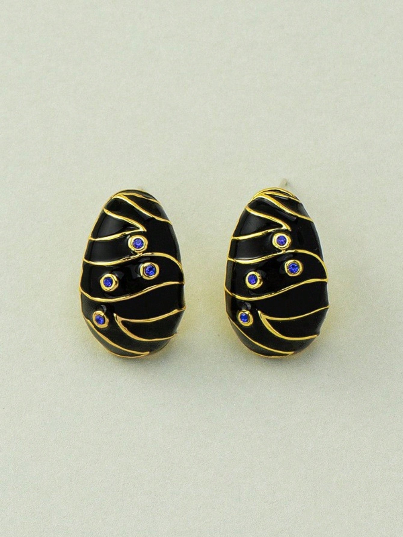 1pair Oval Striped Enamel Earrings With Rhinestone, Fashionable And Luxurious Ear Studs-Black-1