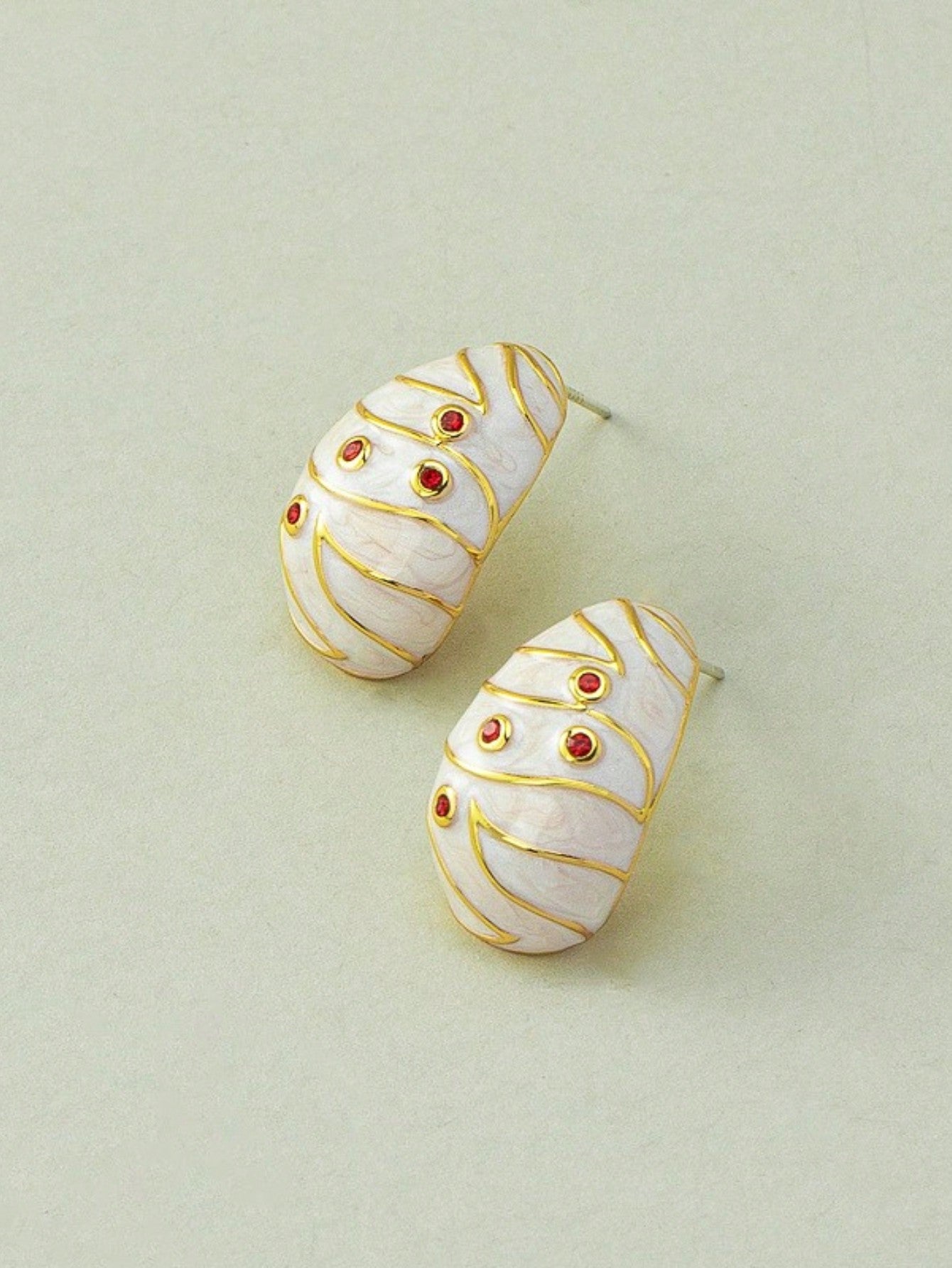 1pair Oval Stripe Enamel Inlay Rhinestone Earrings, Fashionable And Luxurious Ear Studs-White-1