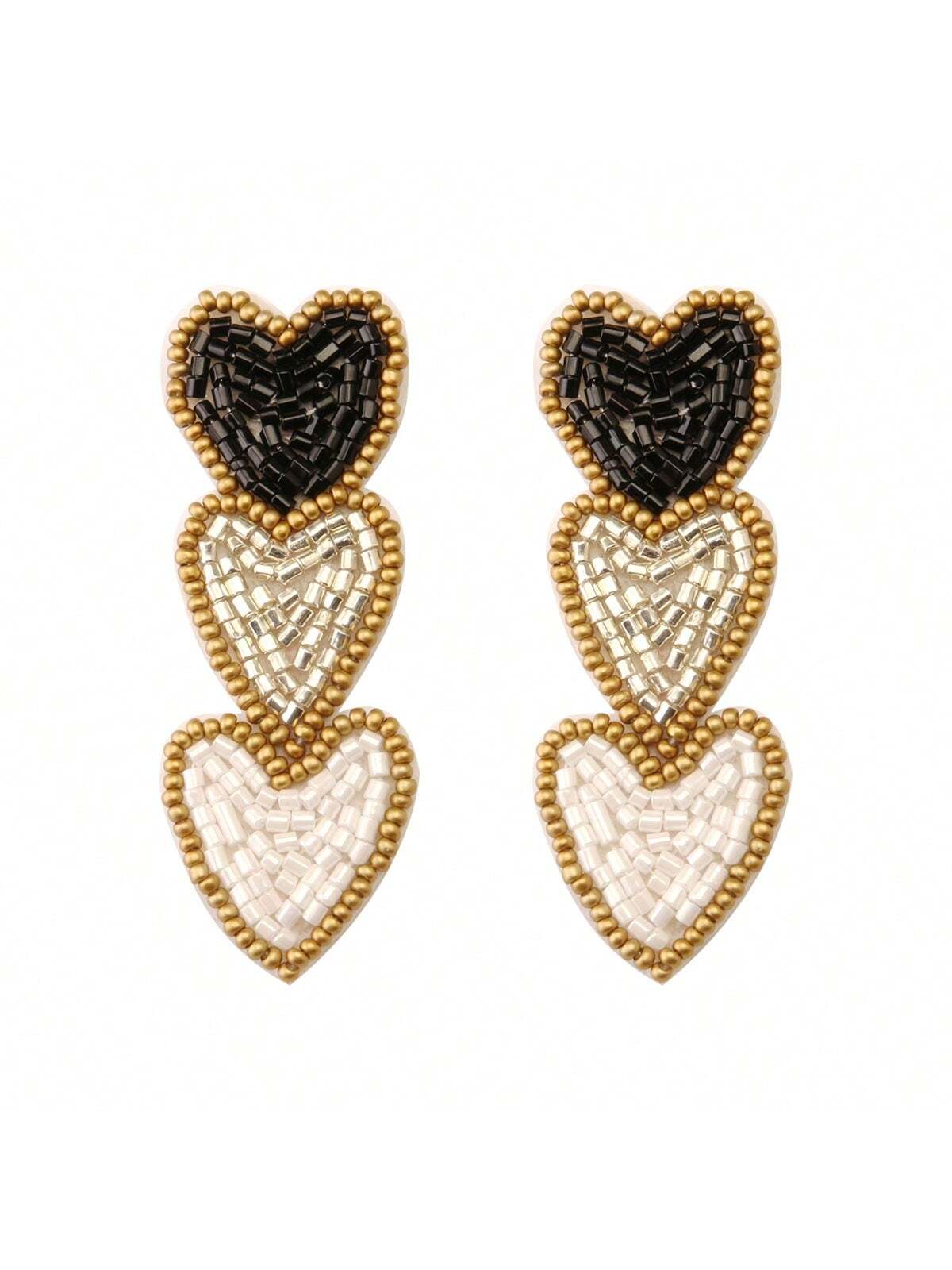 New Arrival Beaded Heart Earrings For Women. Stylish, Colorful & Designed Heart Shaped Dangle Earrings.-Black and White-1