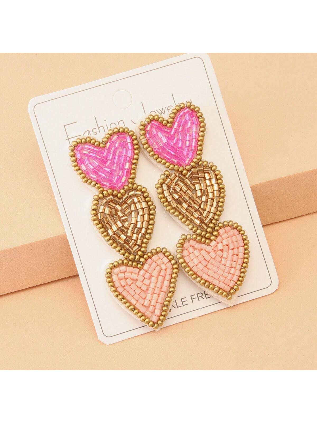 New Beaded Heart Shaped Earrings For Women, Stylish Mixed Color Dangle Drop Design Long Stud Earrings-Hot Pink-1