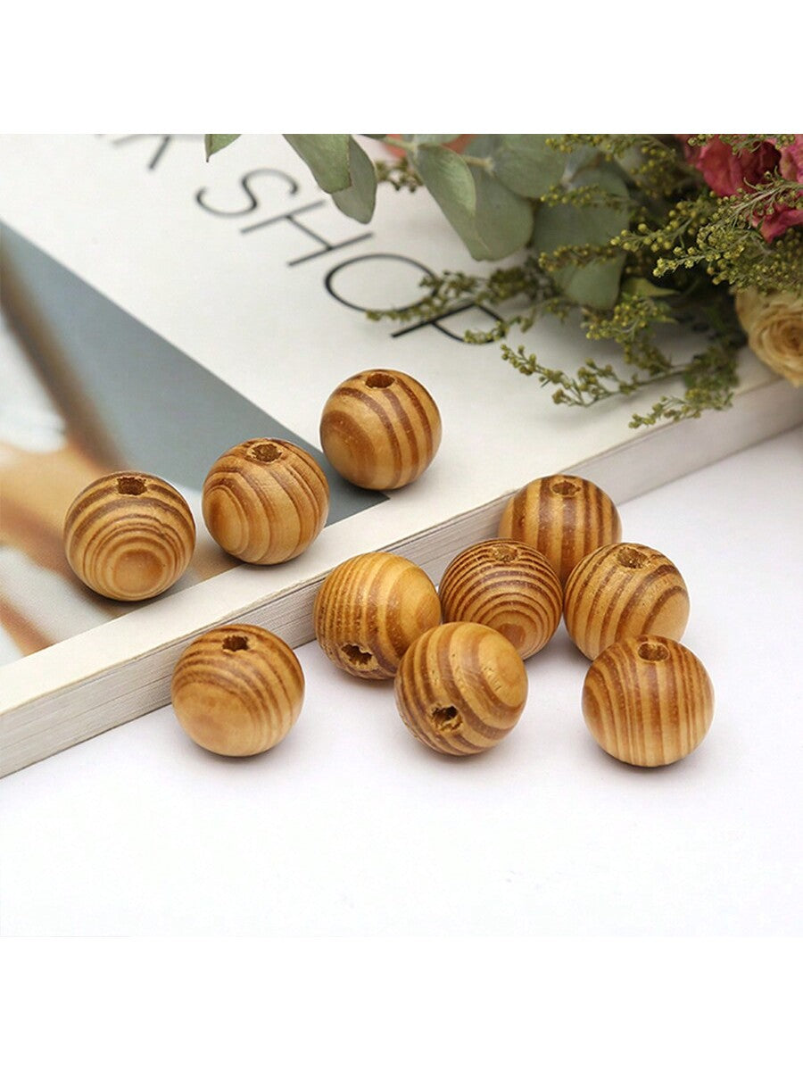 100pcs/Pack 8mm Natural Wood Beads For Diy Bracelet, Necklace Making, With Wood Grain Pattern-Brown-1