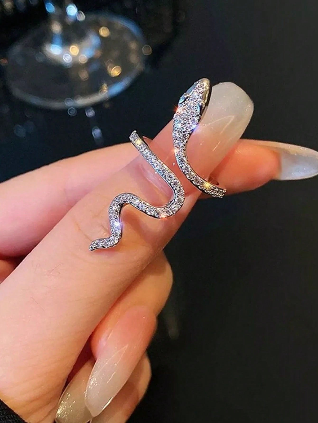 Women'S Ring, Designed With An Open Ring,Diamond Inlaid Snake Ring-Silver-1