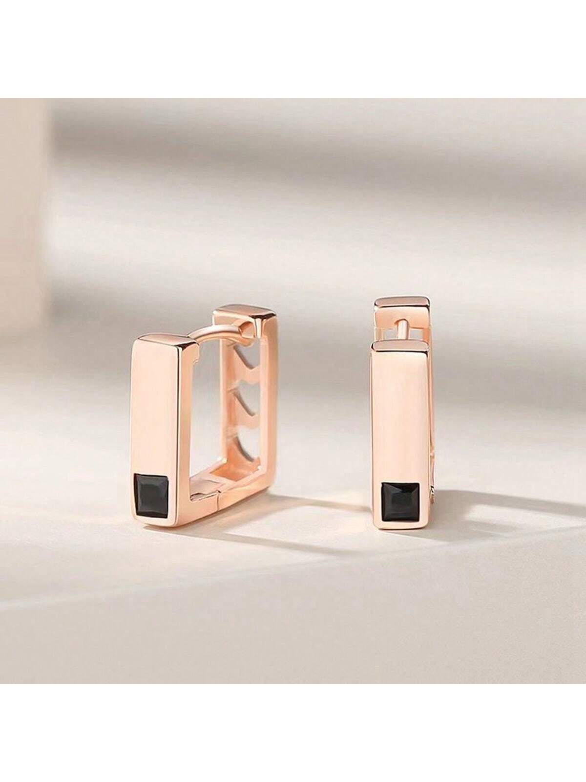 European And American Hot-Selling S925 Sterling Silver Geometric Square Design With Black Gemstone Fashionable Women'S Earrings-Rose Gold-1