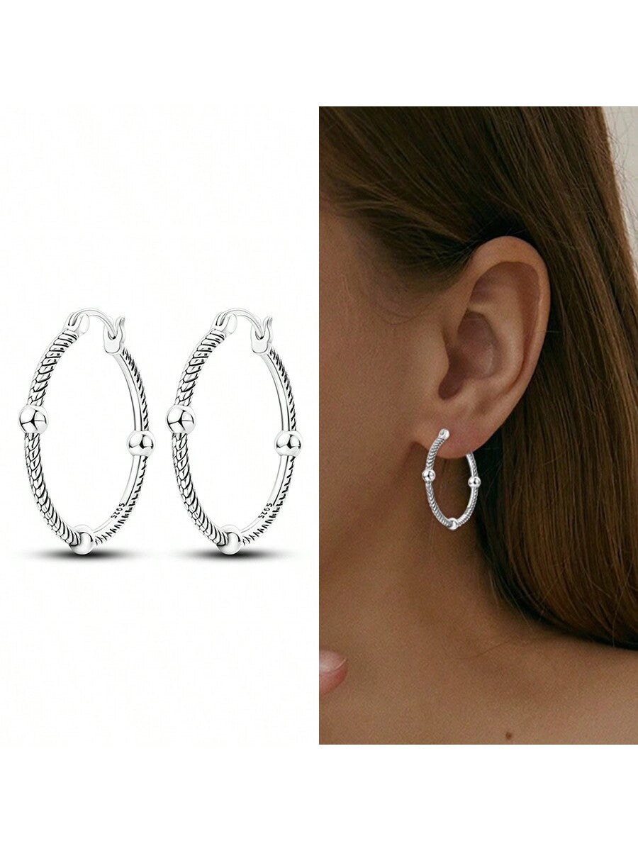 1pair Female Unique Engraved Circle Hoop Earrings In Sterling Silver, Hypoallergenic, Fashionable Birthday Gift Option-Silver-1