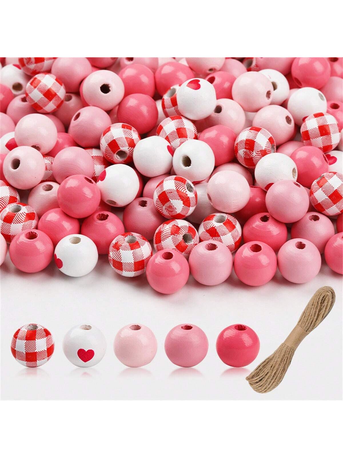 Valentine'S Day Wood Beads Pink White Wood Hearts Beads Colorful Plaid Wooden Round Beads Natural Rustic Beads Wooden Round Ball For DIY Crafts Garland Party Supplies Decoration--1