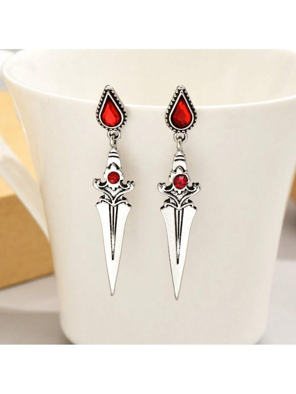 Vintage Red Gemstone Sword Dangle Earrings Women'S Gothic Earrings Jewelry Gift-Red-1