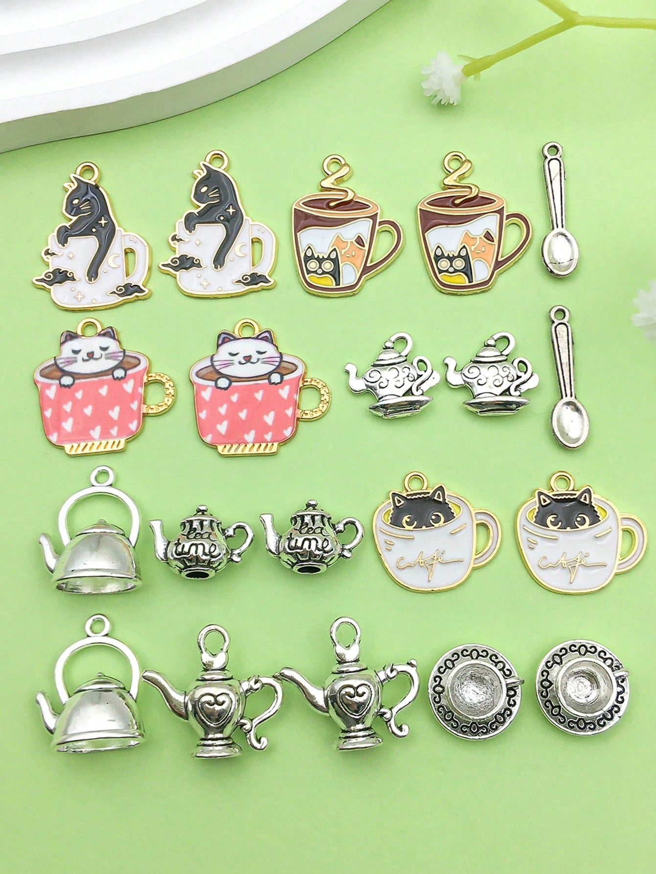 10/20pcs Random Mixed Enamel Alloy Antique Silver Teapot Coffee Tea Cup Cat Charm Tea Time Pendant For DIY Bracelet Earrings Necklace Jewelry Making Accessories Jewelry Supplies-Multicolor-1