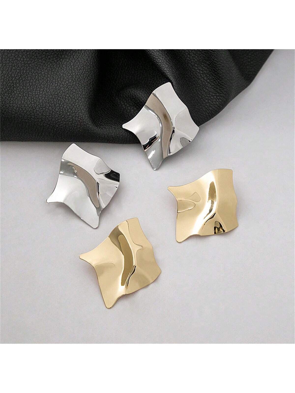 High-End Irregular Square Stud Earrings With Concave-Convex Geometric Design & Metallic Texture As Unique Cold-Tone Ear Accessory--1