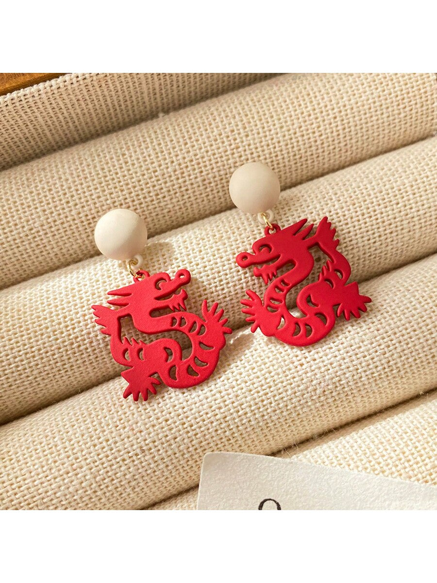 2024 Year Of Dragon Chinese Zodiac Animal Sign Dangle Earrings, Chinese Traditional Style Festive New Year Jewelry For Women--1