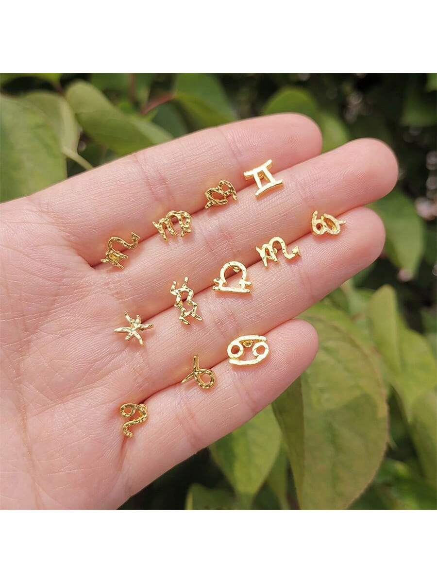 1pair Minimalist Hammered Texture 12 Constellation Sign Personalized Stud Earrings For Women-Gold-1