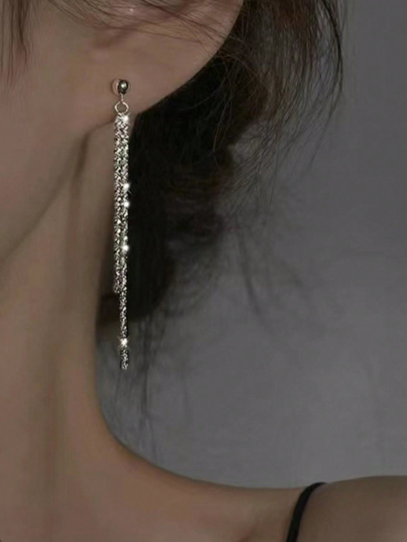 1pair Simple & Unique Style S925 Sterling Silver Starry Long Chain Tassel Earrings, Gift For Women / Daily Wear-Silver-1