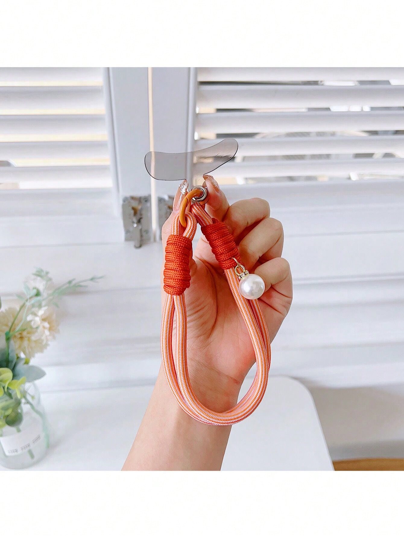 Dopamine Cellphone Strap Wrist Braided Short Rope Pendant, Outdoor Anti-Lost Wrist Strap, For Phones, Bags, Keychains, Cameras, Pearls Pendant, Vintage Personality Card Shell Chain-Orange-1