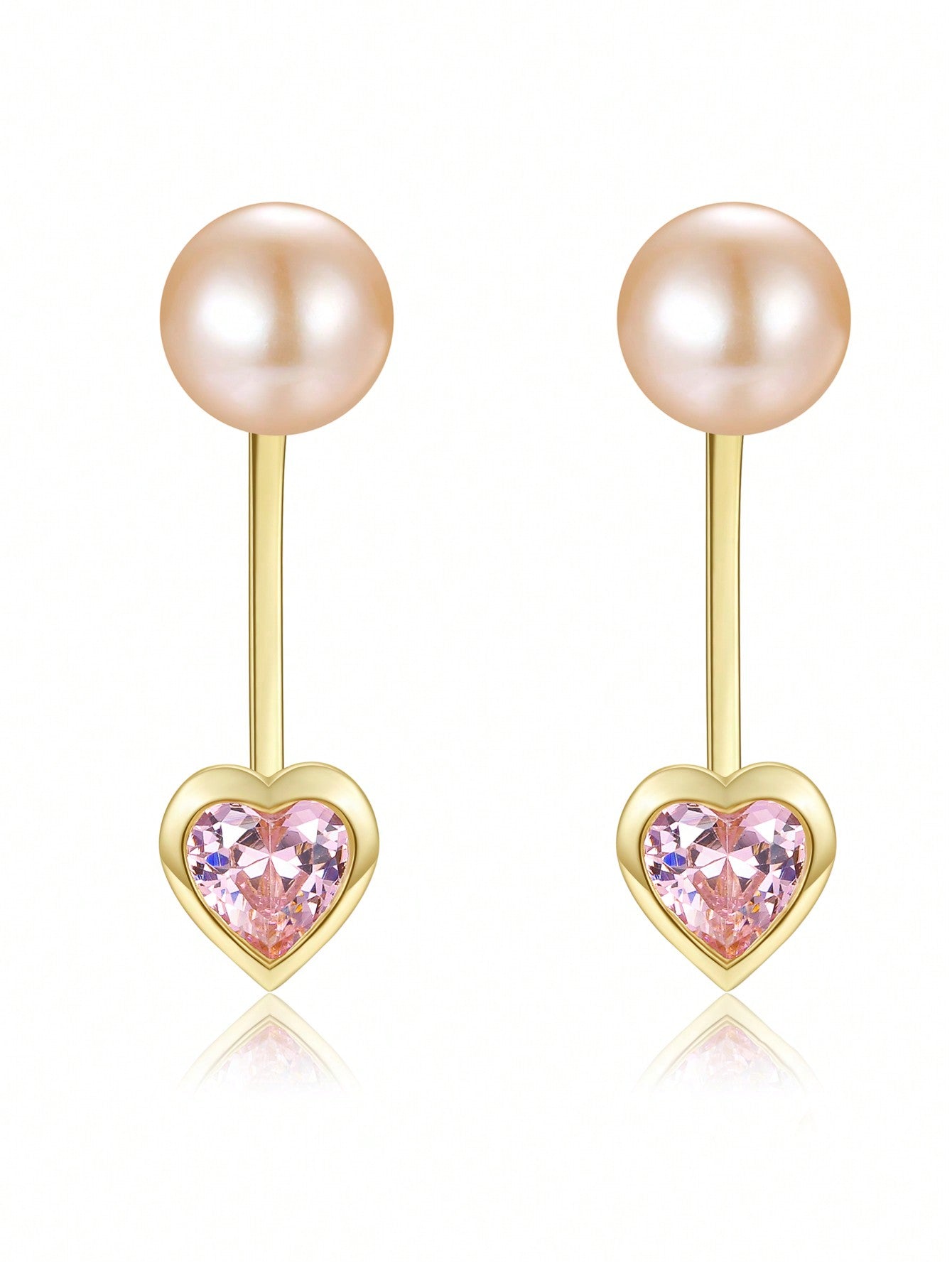 1 Pair Detachable Pink Cubic Zirconia Inlayed Heart-Shaped Earring, Made Of S925 Sterling Silver Material And Natural Freshwater Pink Pearl; Suitable For Women'S Daily Wear, Gathering And Dating-Yellow Gold-1