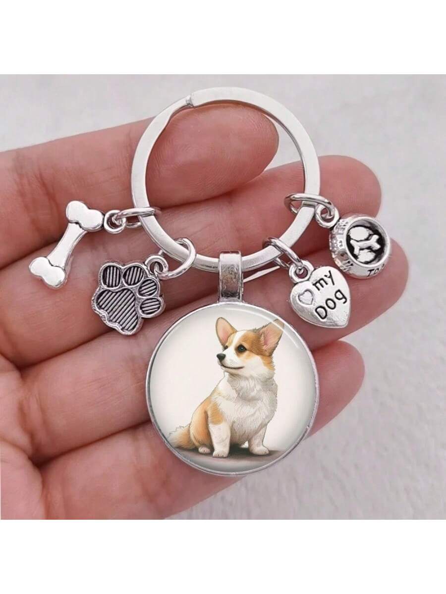 Pencil Drawing Corgi Small Bone Basin Love My Dog Time Gemstone Keychain Handmade Pet Dog Time Gemstone Keychain-Silver-1