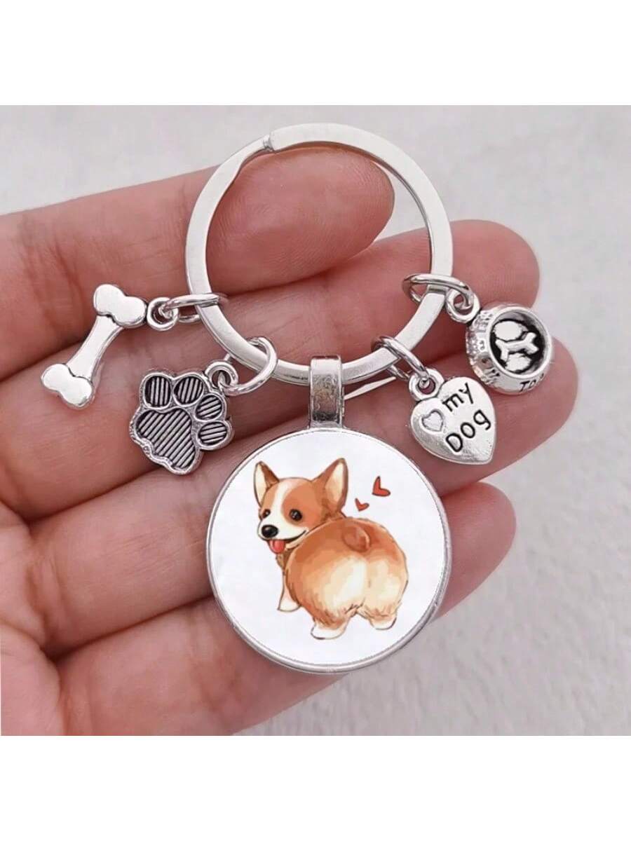 Corgi Dog Shape Keychain With Heart Shape And Little Bone Charm, Handmade Keyring With Gem For Pet Lovers-Silver-1