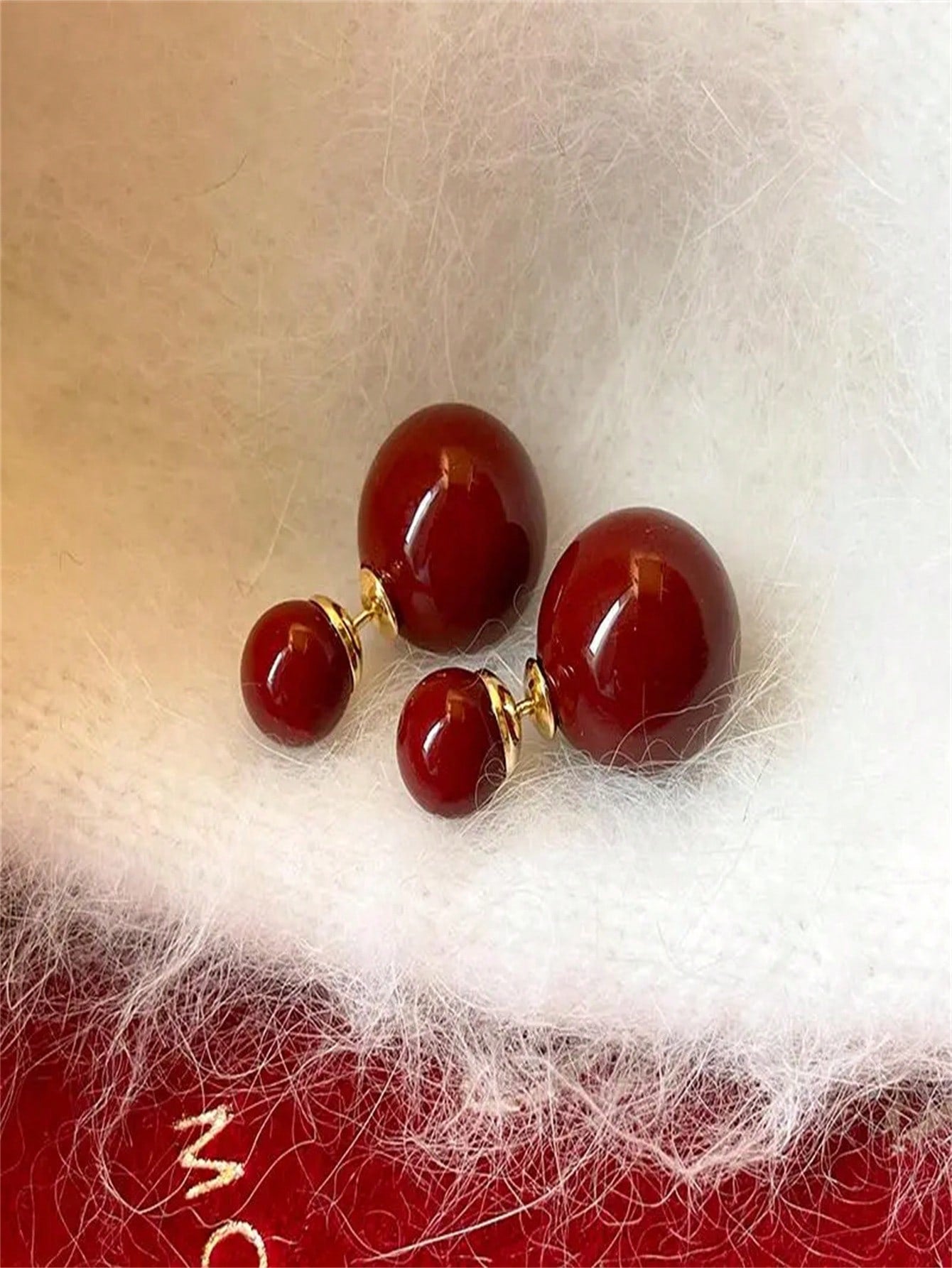 1pair Double Sided Pearl Stud Earrings Red New Year Earings, Unique Chic And Elegant Jewelry For Women-Burgundy-1