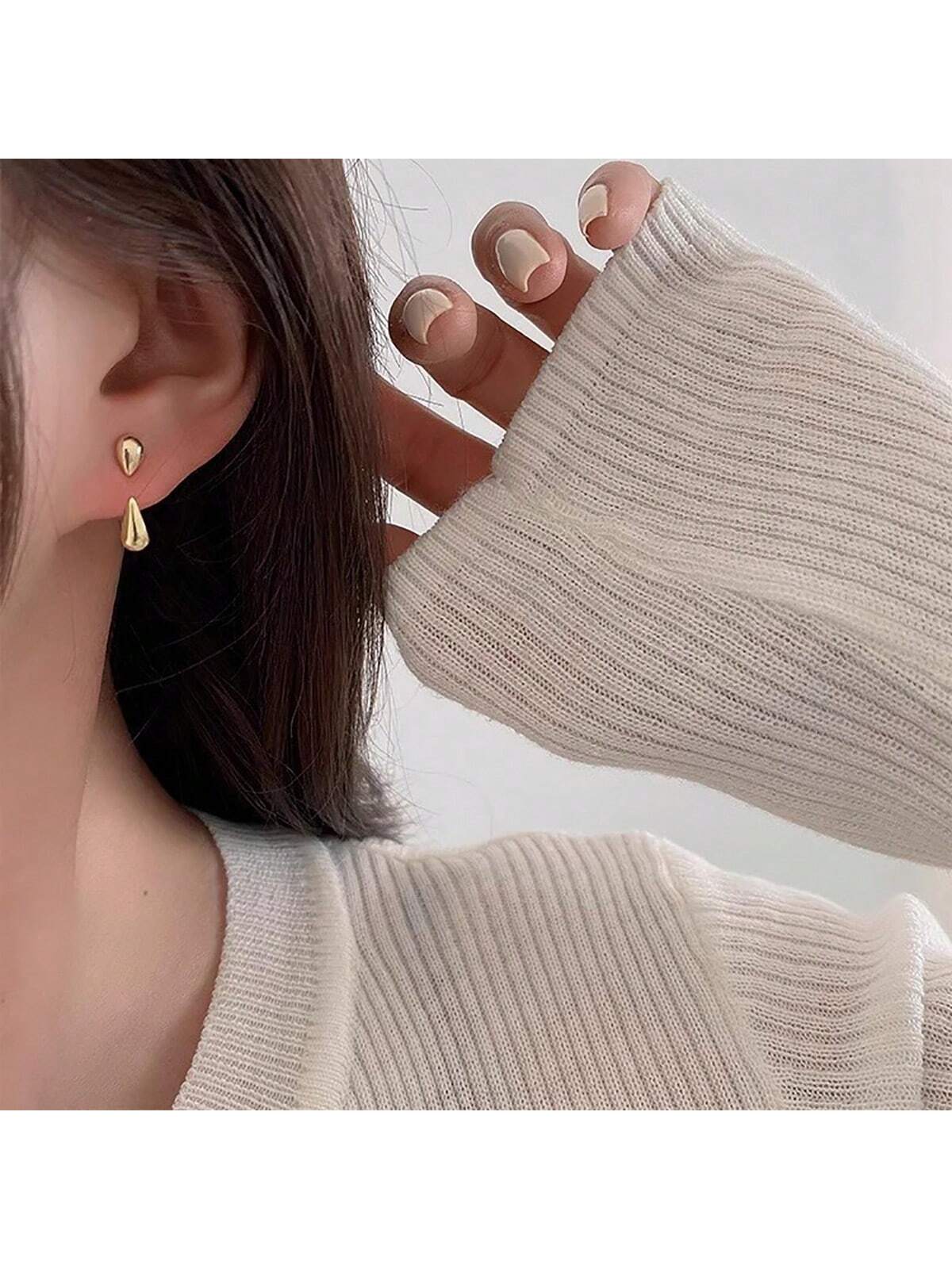 1pair European And American Style Dual-Color Alloy Waterdrop Shaped Earrings For Women, Can Be Used As Ear Studs, Ideal As Festival Gift-Yellow Gold-1