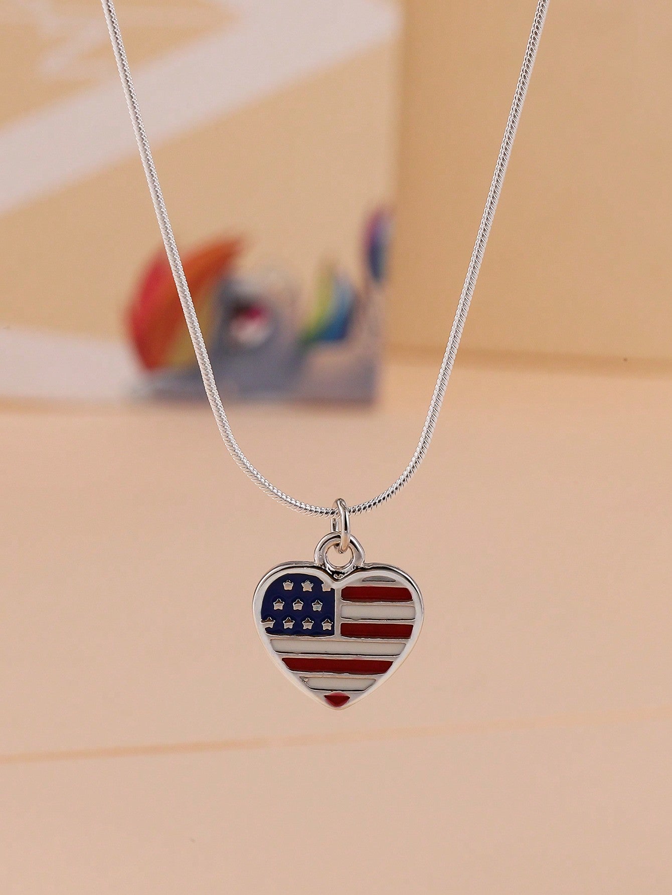 1pc European And American Style S925 Sterling Silver Heart Shaped National Flag Pendant Necklace With Dripping Oil Process, Perfect Accessory For Women'S Daily Wear And Festival Celebrations, Suitable As A Valentine'S Day Gift For Girls, Women, And-Silver-1