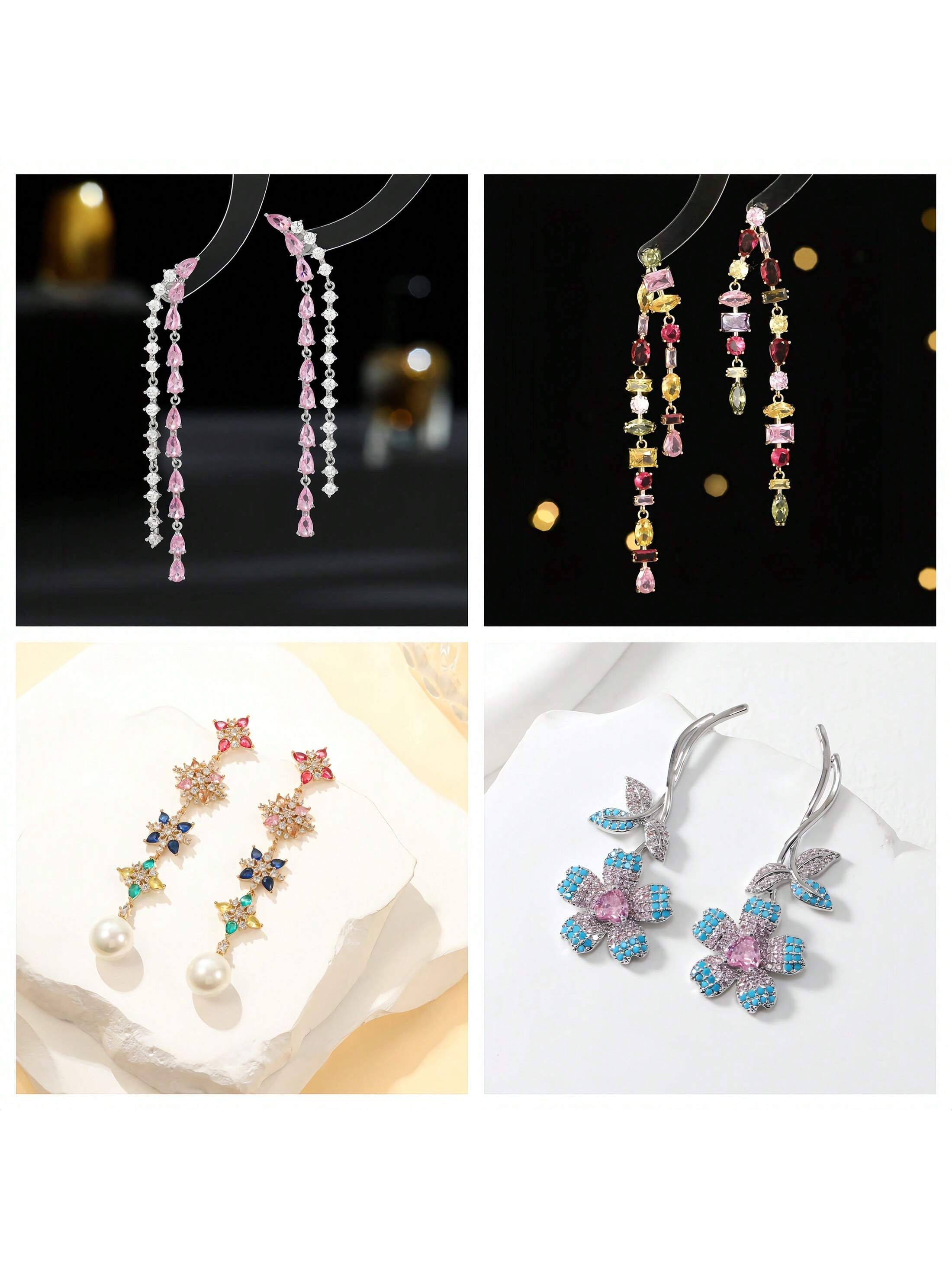 1pair Luxury Fashionable Colorful Zirconia Flower Decor Dangle Earrings, Suitable For Women's Wedding, Party And Banquet-Multicolor-1