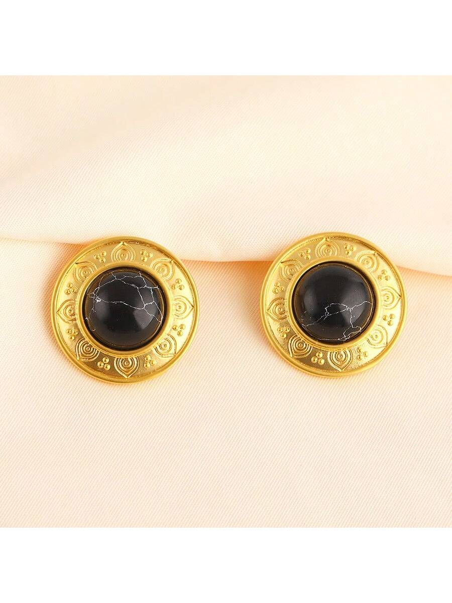 1pair Vintage Style Circle Black Onyx Stud Earrings, Ins Fashion Jewelry With Unique & Luxurious & Exaggerated Design-Black-1