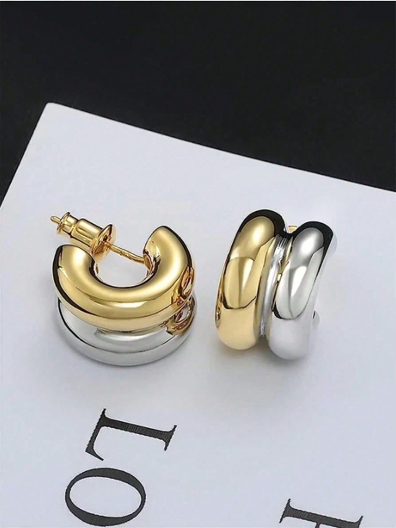 1pair Women'S 18k Gold-Plated Bimetal Hoop Earrings With Low Sensitivity, Fashionable Two Tone C-Shaped Classic Earrings For Women-Multicolor-1