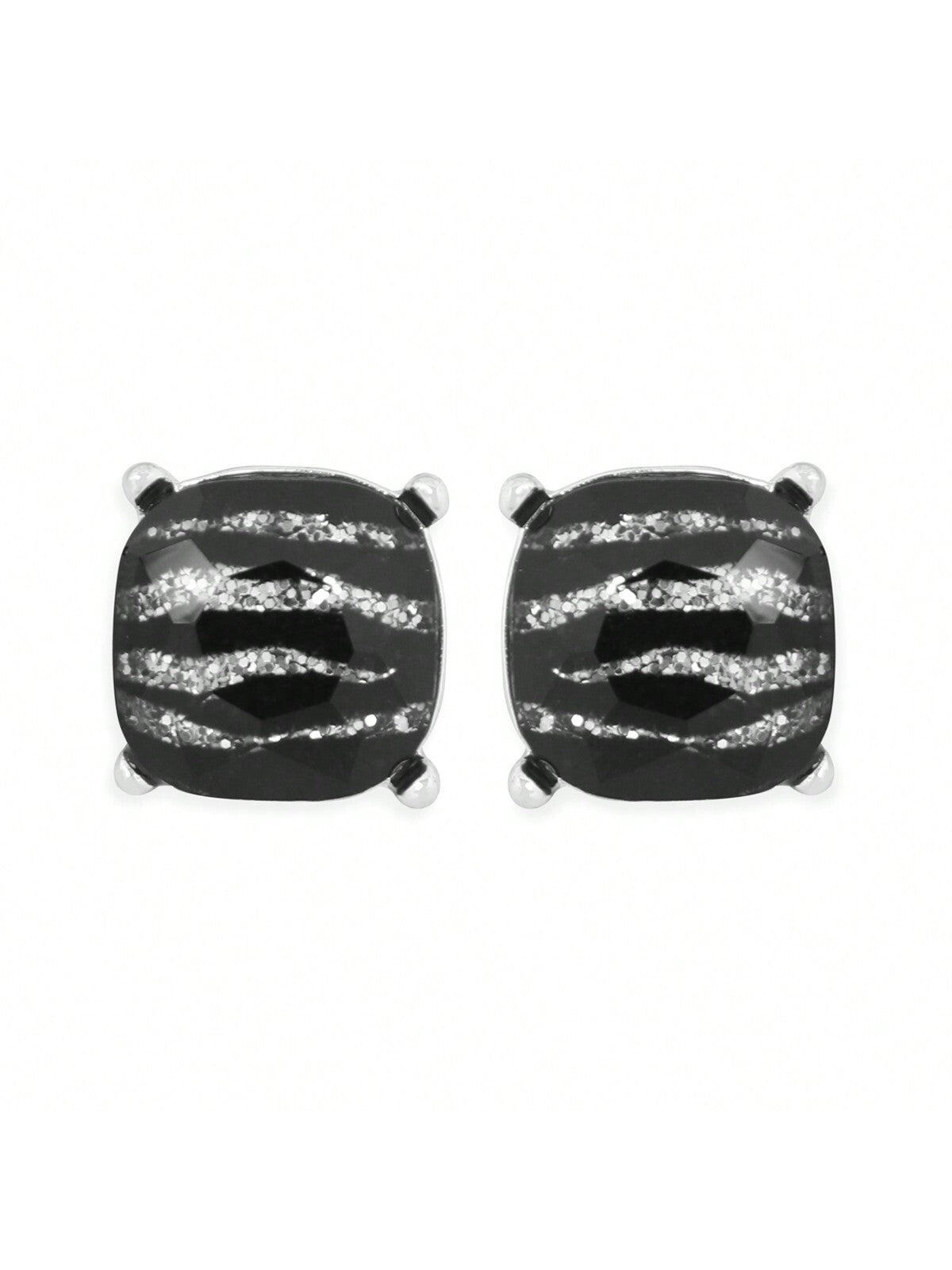 Glass Cushion Post Earrings-Silver Glittered Zebra-1