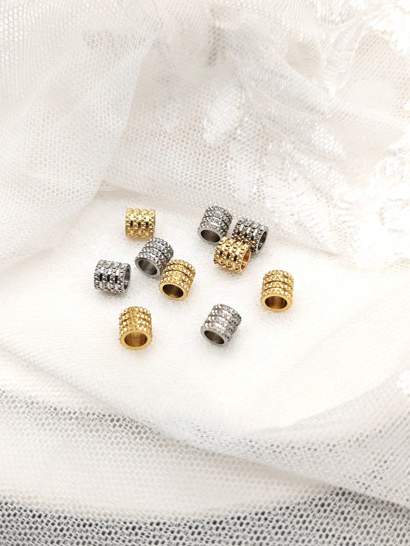 1 Set Of 5pcs Plaid Pattern Tube Shaped Diy Jewelry Beads-Yellow Gold-1