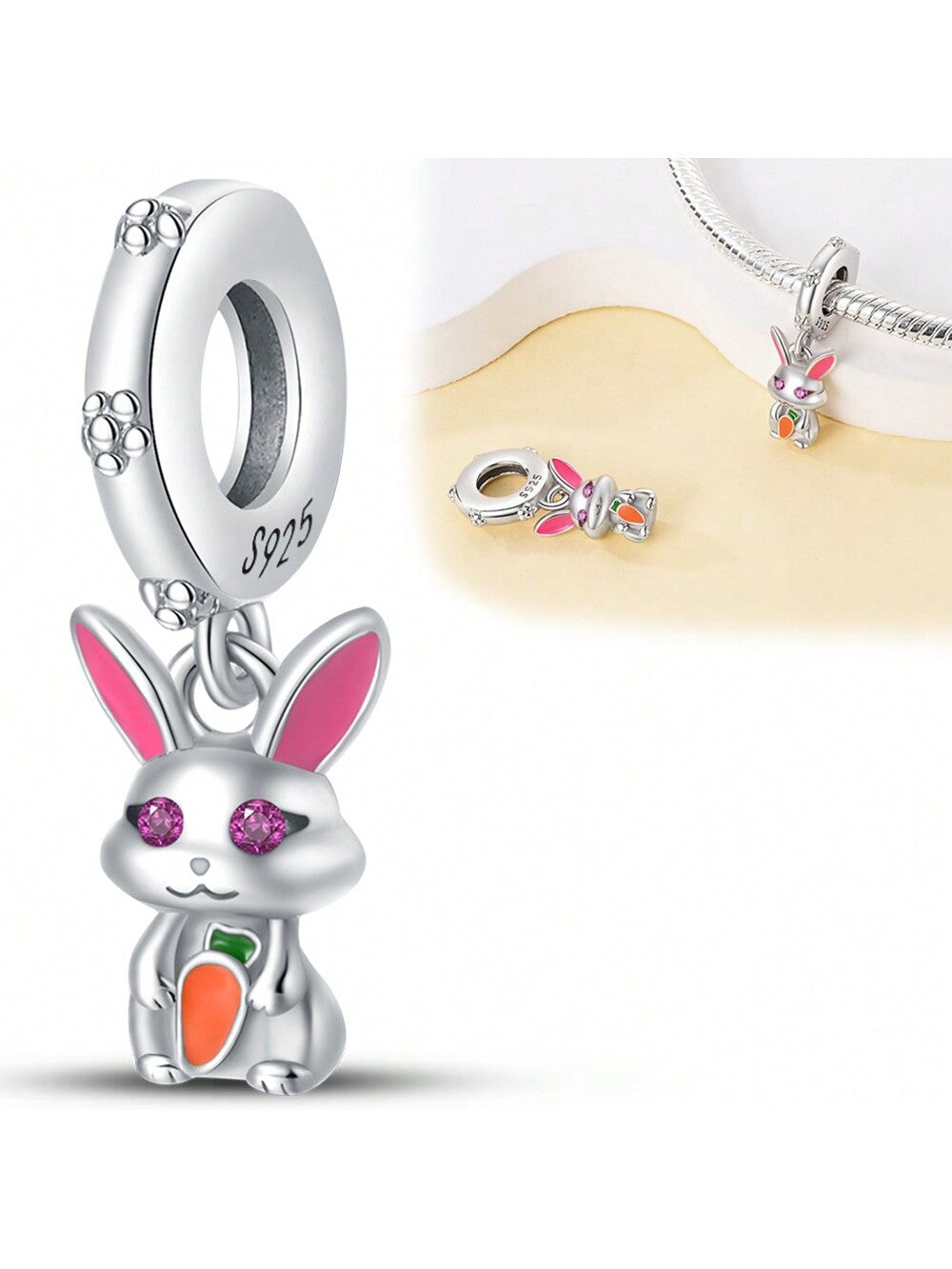 1pc Cartoon Blessing Series Pure Silver Material Pink Carrot Bunny Shaped Romantic Fashion Diy Bracelet Pendant Jewelry Supply With Box--1