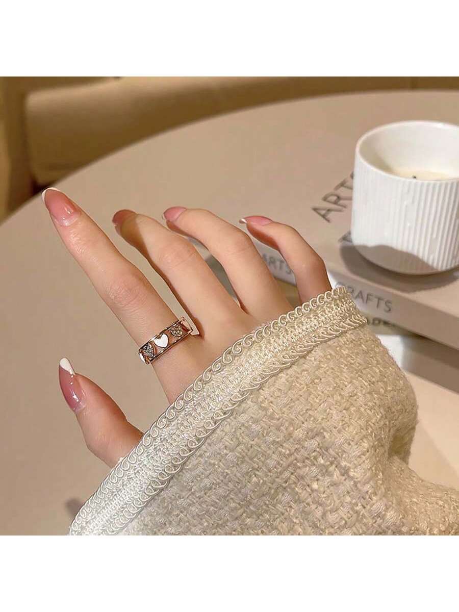 Women's Ring, Hollow Out, Light Luxury, Niche Design For Index Finger With Adjustable Open End, Heart Detail, Japanese Style-White-1