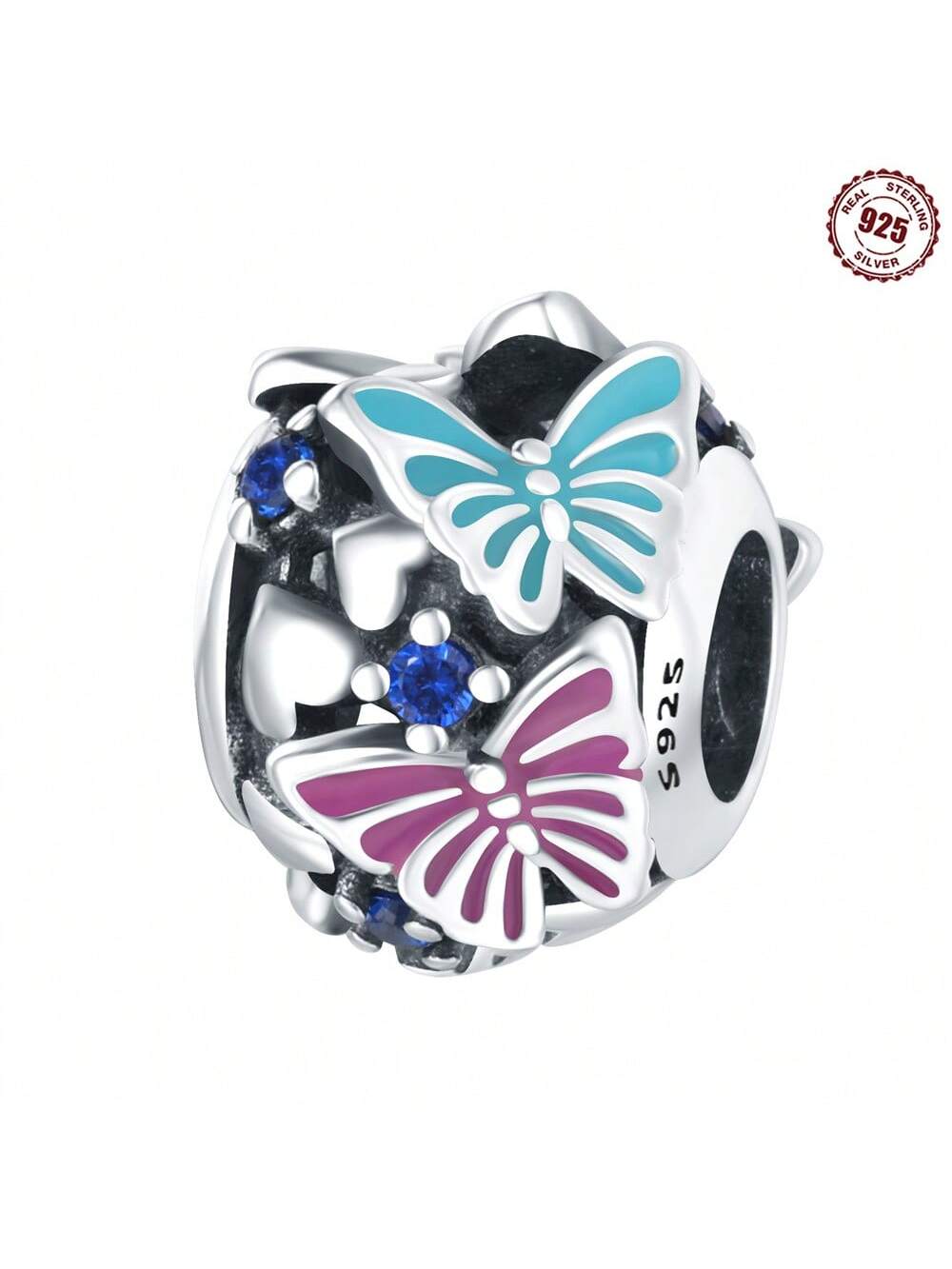 With Gift Box, 1pc Colorful 925 Sterling Silver Material, Purple & Blue Dripping Epoxy Design Butterfly & Heart Beaded Bracelet, For Women Diy Jewelry Making--1