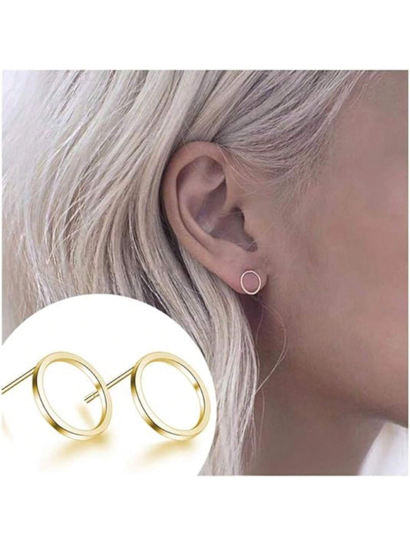 Women'S Simple Round & Bar Shaped Gold-Tone Stud Earrings, Elegant Accessory For Girls And A Delicate Jewelry Gift--1