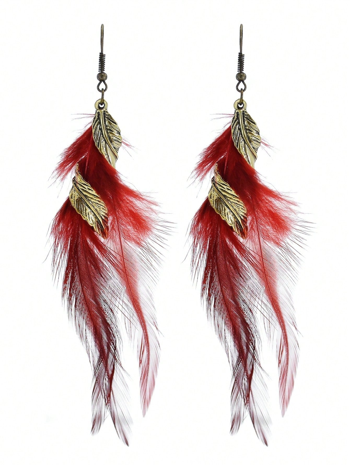 2pcs Feather Design Alloy Hook Earrings, Long Tassel Pendant, High-End Chic And Fashionable-Red-1