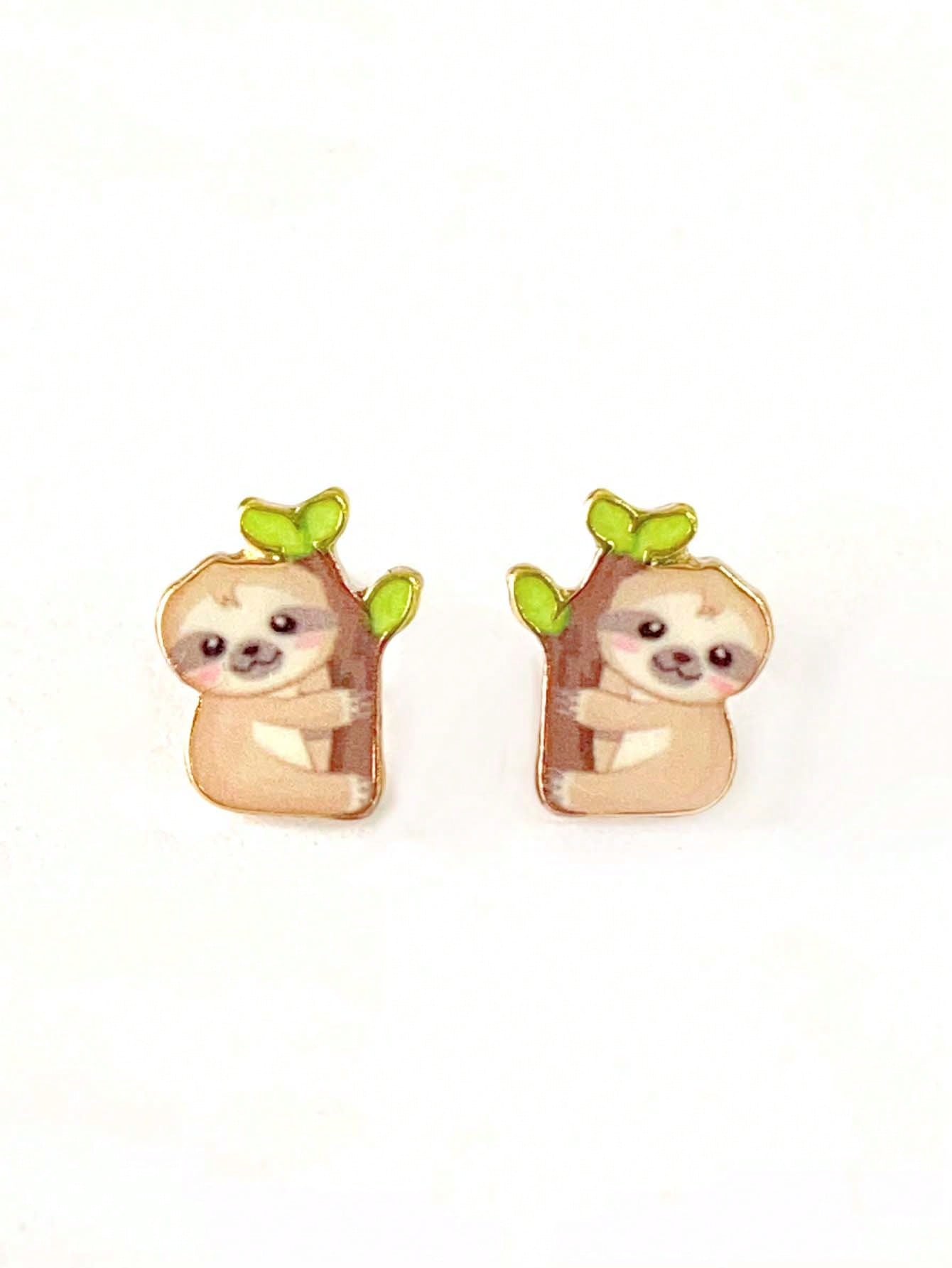 1pair Korean Style Super Cute Cartoon Sloth Shaped Women's Stud Earrings-Brown-1