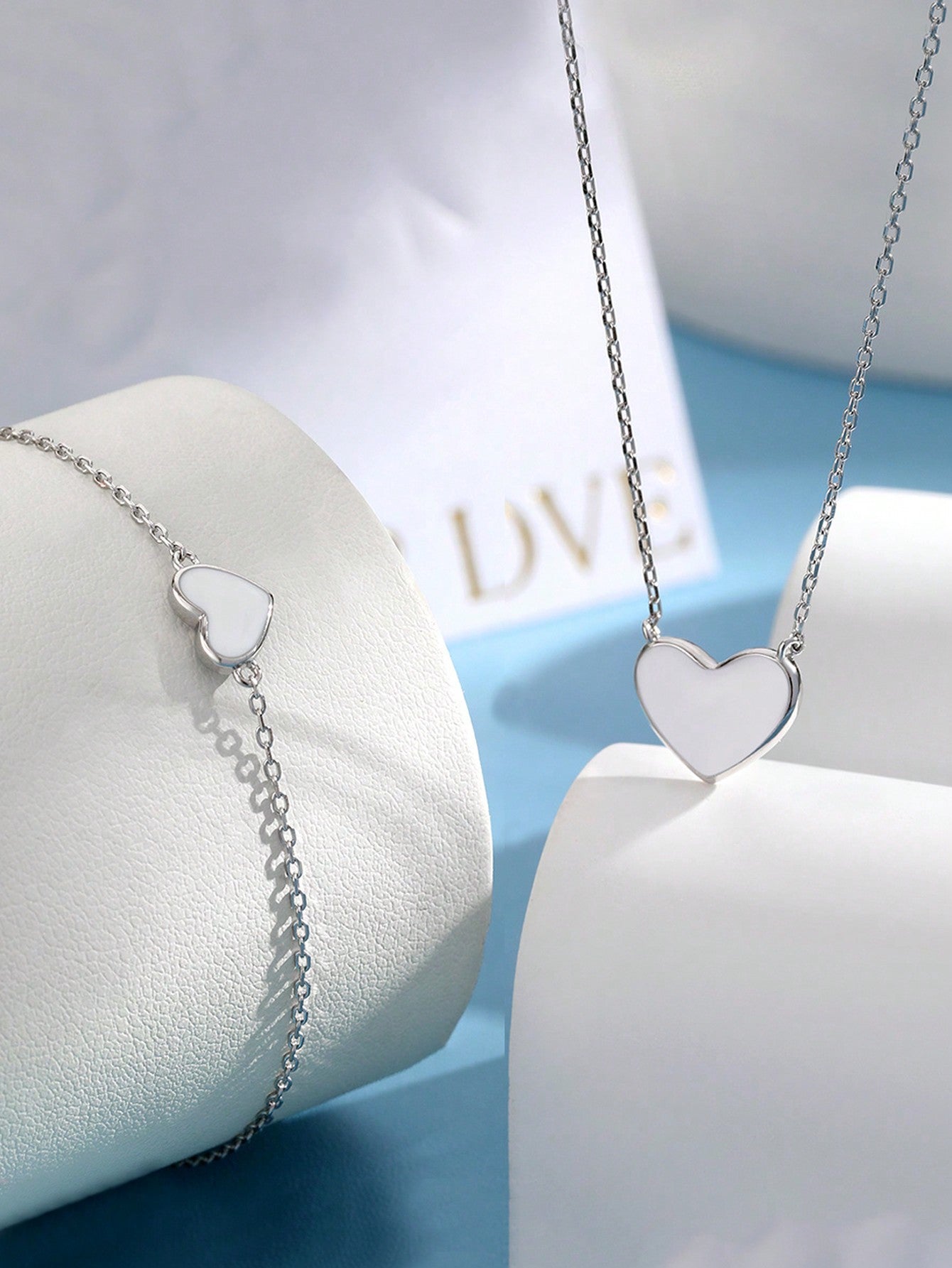 2pcs/Set Elegant And Luxurious 925 Silver Love Heart Shaped Bracelet And Necklace, Suitable For Women Daily Wear, Valentine's Day Gift-Silver-1