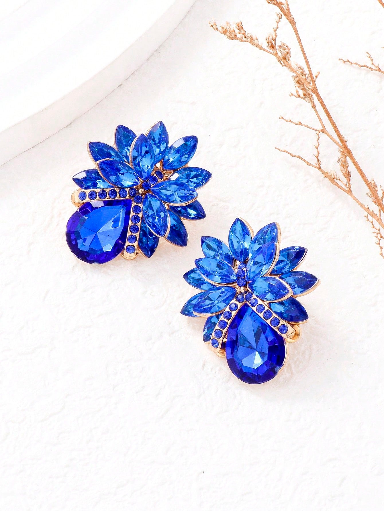 1pair Bowknot & Rhinestone Decor Earrings-Royal Blue-1