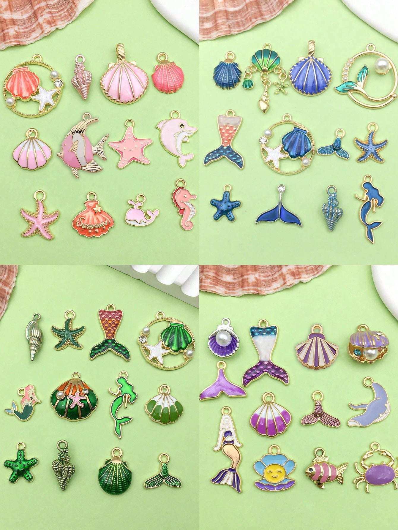 12pcs Fashion Enamel Alloy Pink Purple Ocean Shell Starfish Mermaid Charm DIY Dolphin Pendant Necklace Bracelet Earrings Jewelry Making Craft Supplies Accessories-Multicolor-1