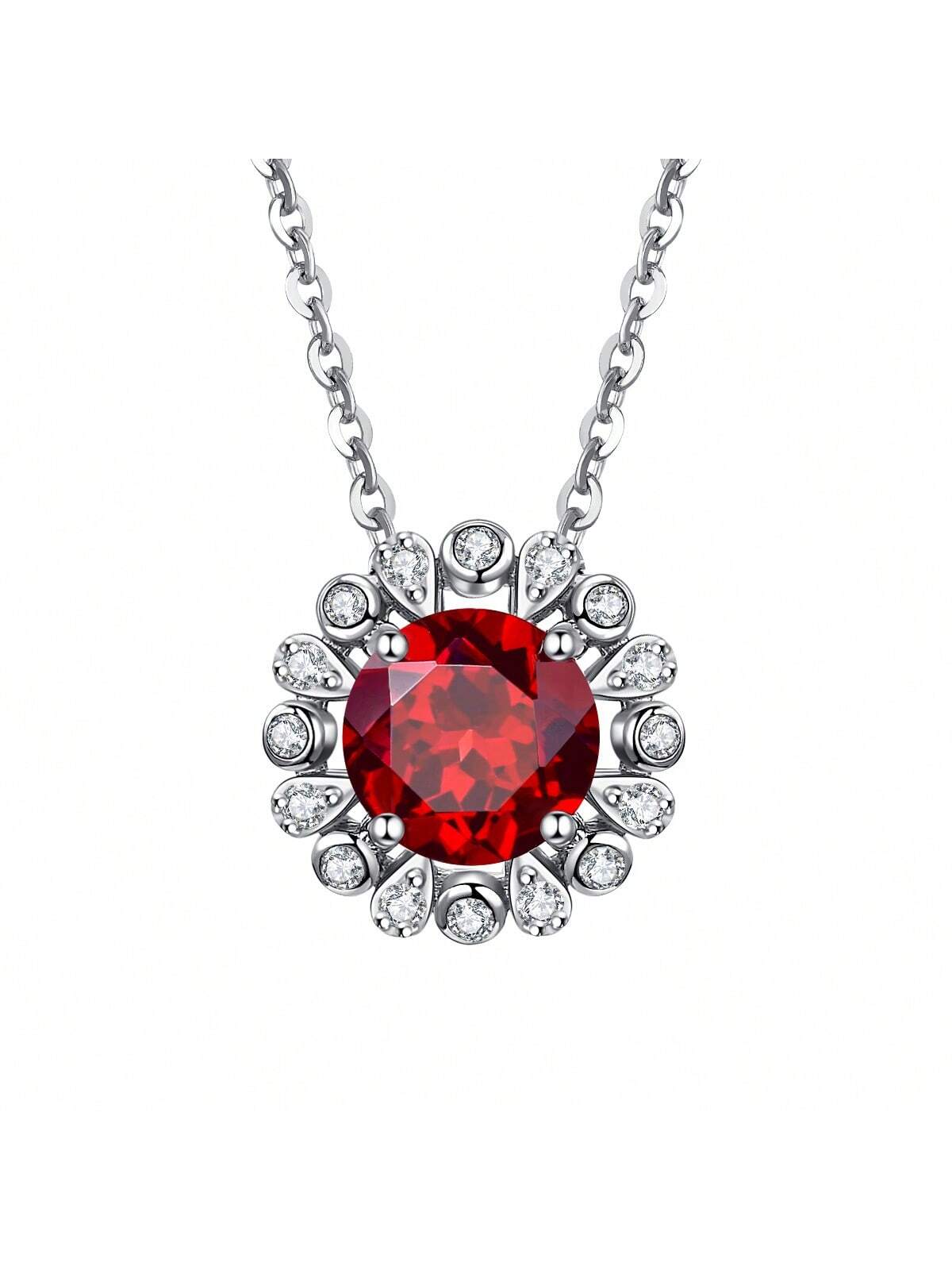 Women'S Necklace With S925 Silver Pendant And Garnet Decor, Stylish Clavicle Chain Jewelry For Girls As New Year Gift-Red-1