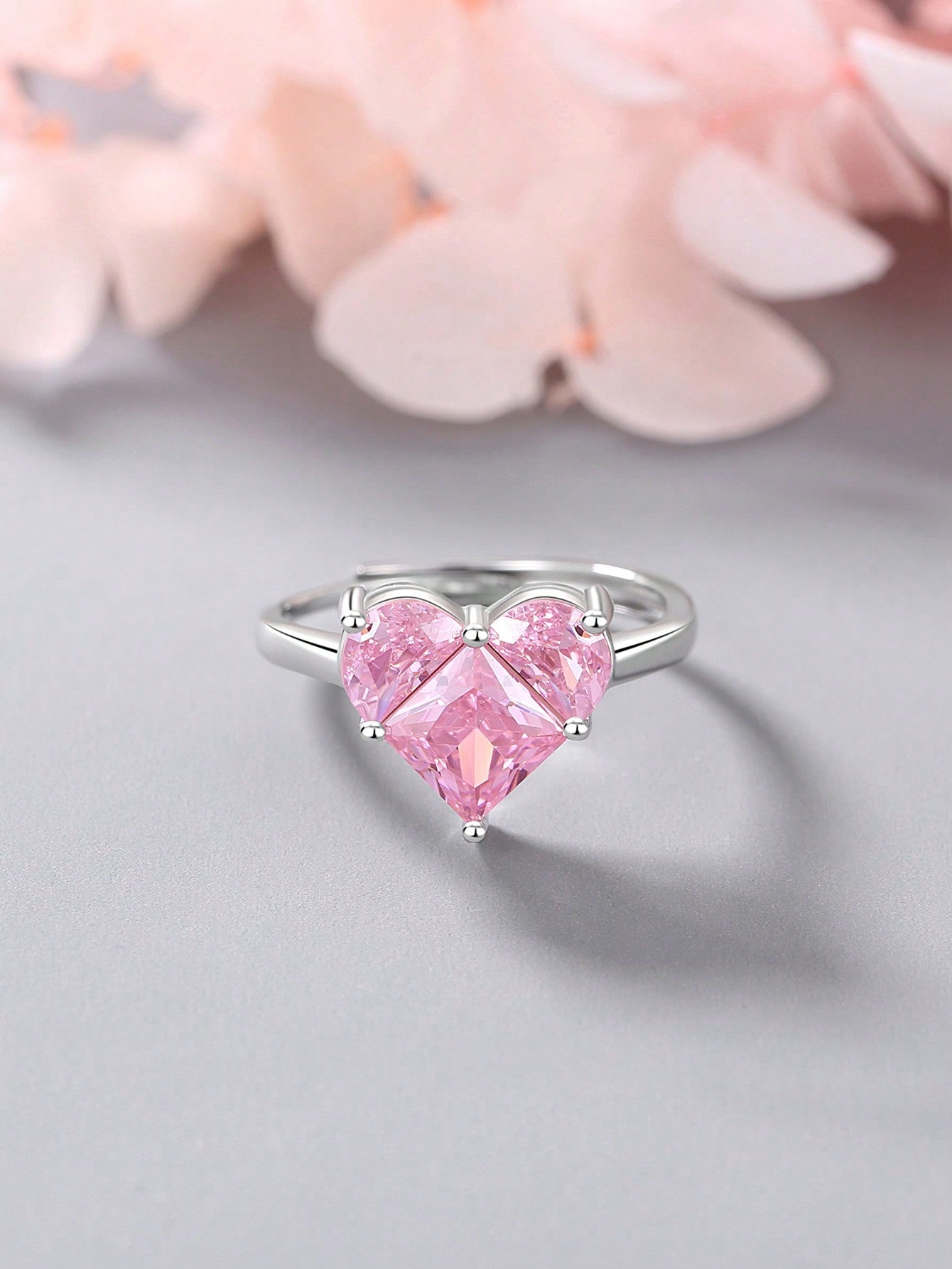 1pc Elegant & Luxurious 925 Sterling Silver Synthetic Pink Heart Shaped Ring, Perfect For Daily Wear Or Valentine's Day Gift. Only Sold As An Individual Ring, The Ring Opening Is Adjustable--1