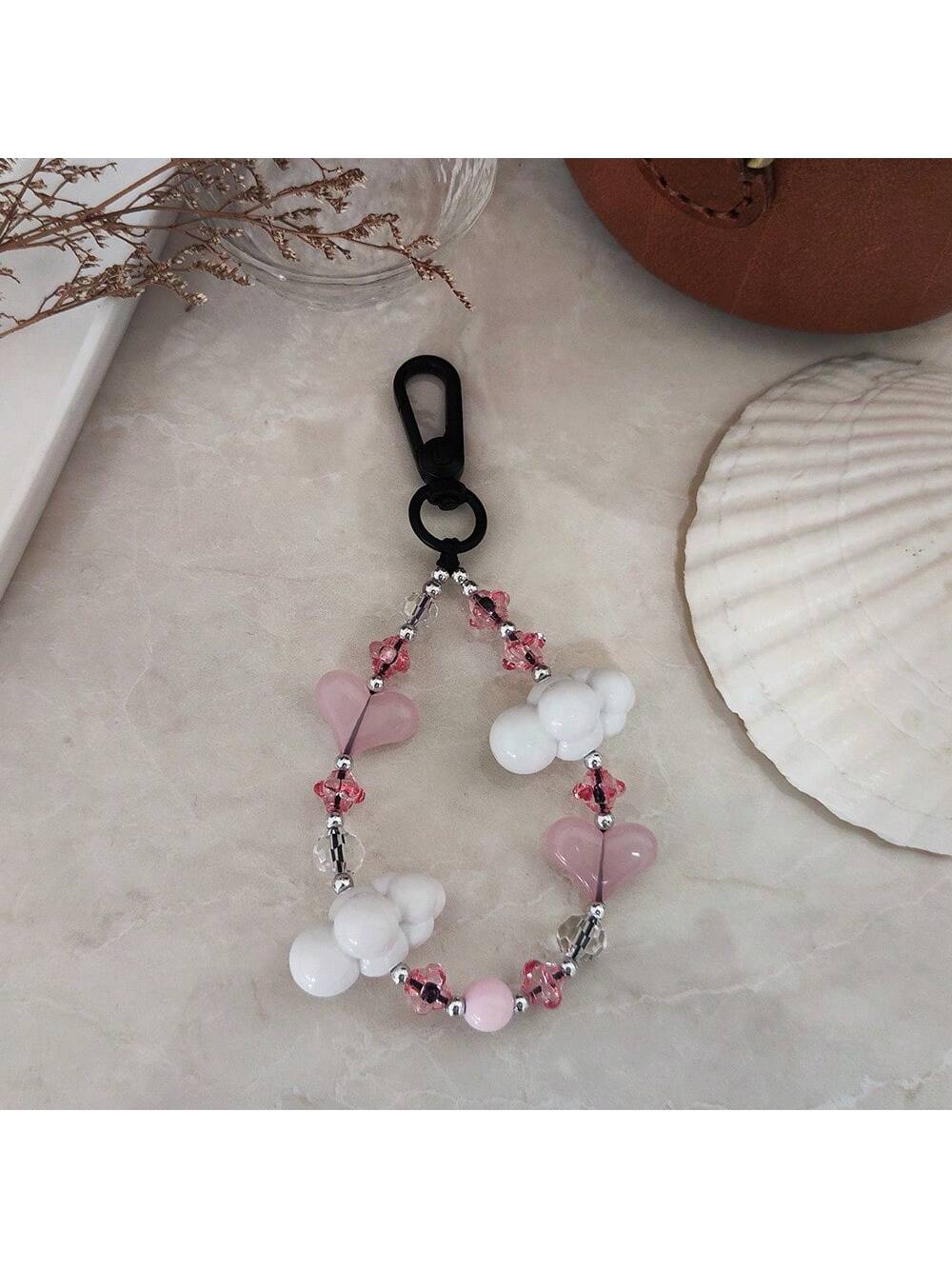 Cute Pink Heart Shaped Cloud & Beaded Keychain For Girls' E-Bikes Or Cars, Gift-Apricot-1