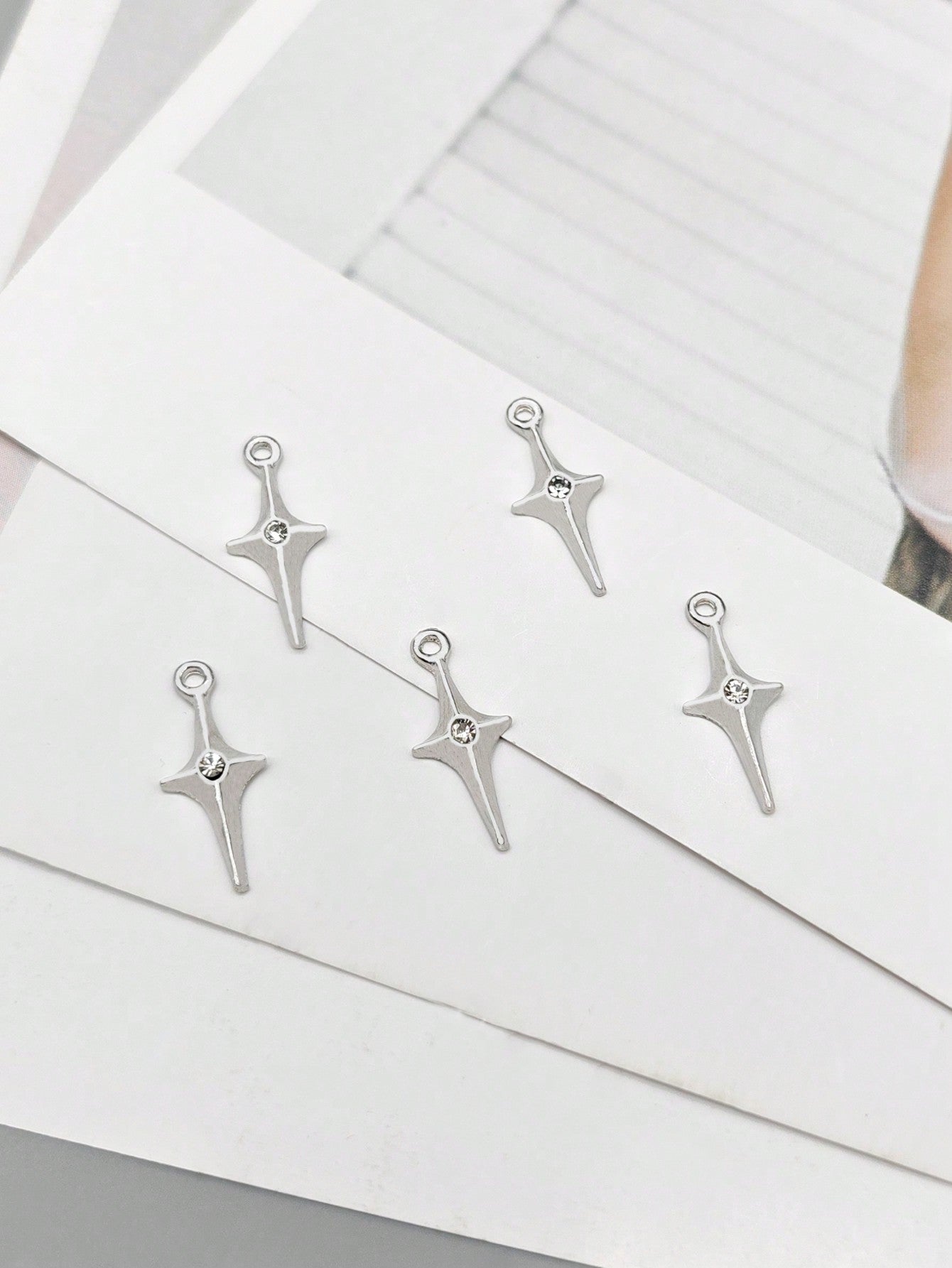 5pcs/Set White Cubic Zirconia Four-Pointed Star Shaped Pendant For Diy Bracelet, Necklace Jewelry Making-Silver-1