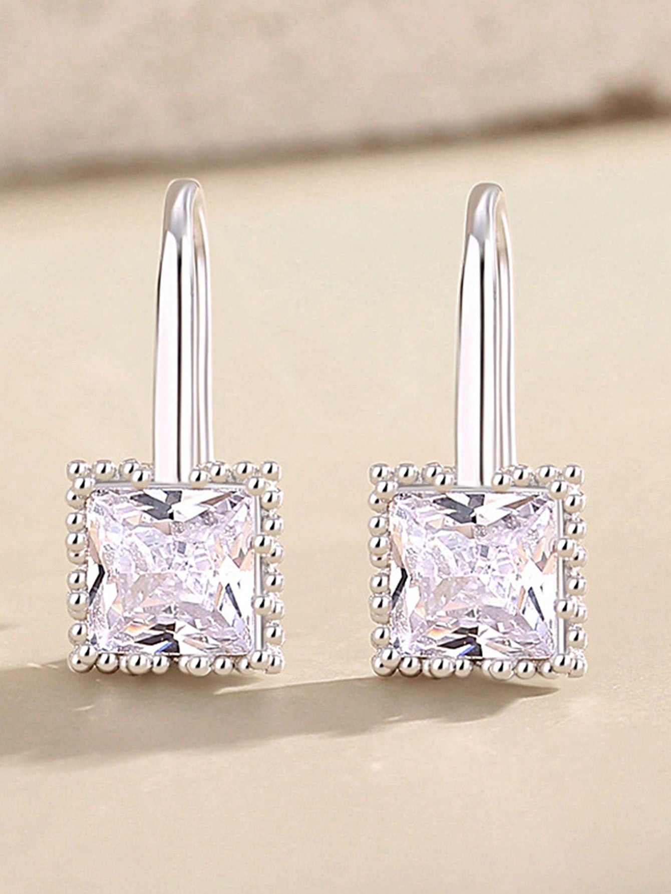 1pair New Trendy Geometric Square Hook Earrings With Sterling Silver And Cubic Zirconia Decor-White-1