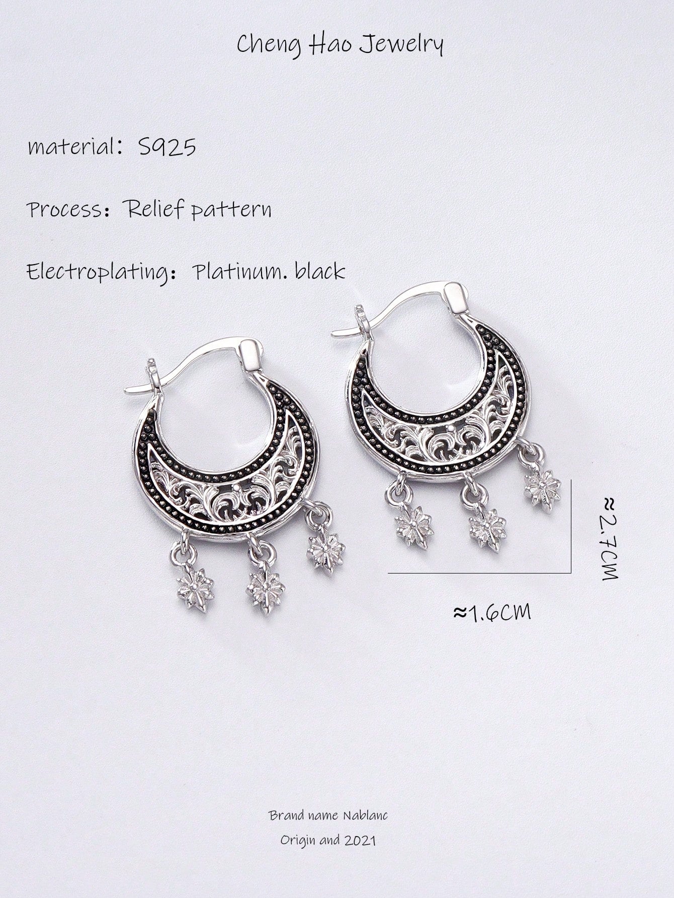 1pair Chinese Style Sterling Silver S925 Tassel Earrings With Snowflake Pendant, Perfect For Women's Daily Wear-Black and White-1