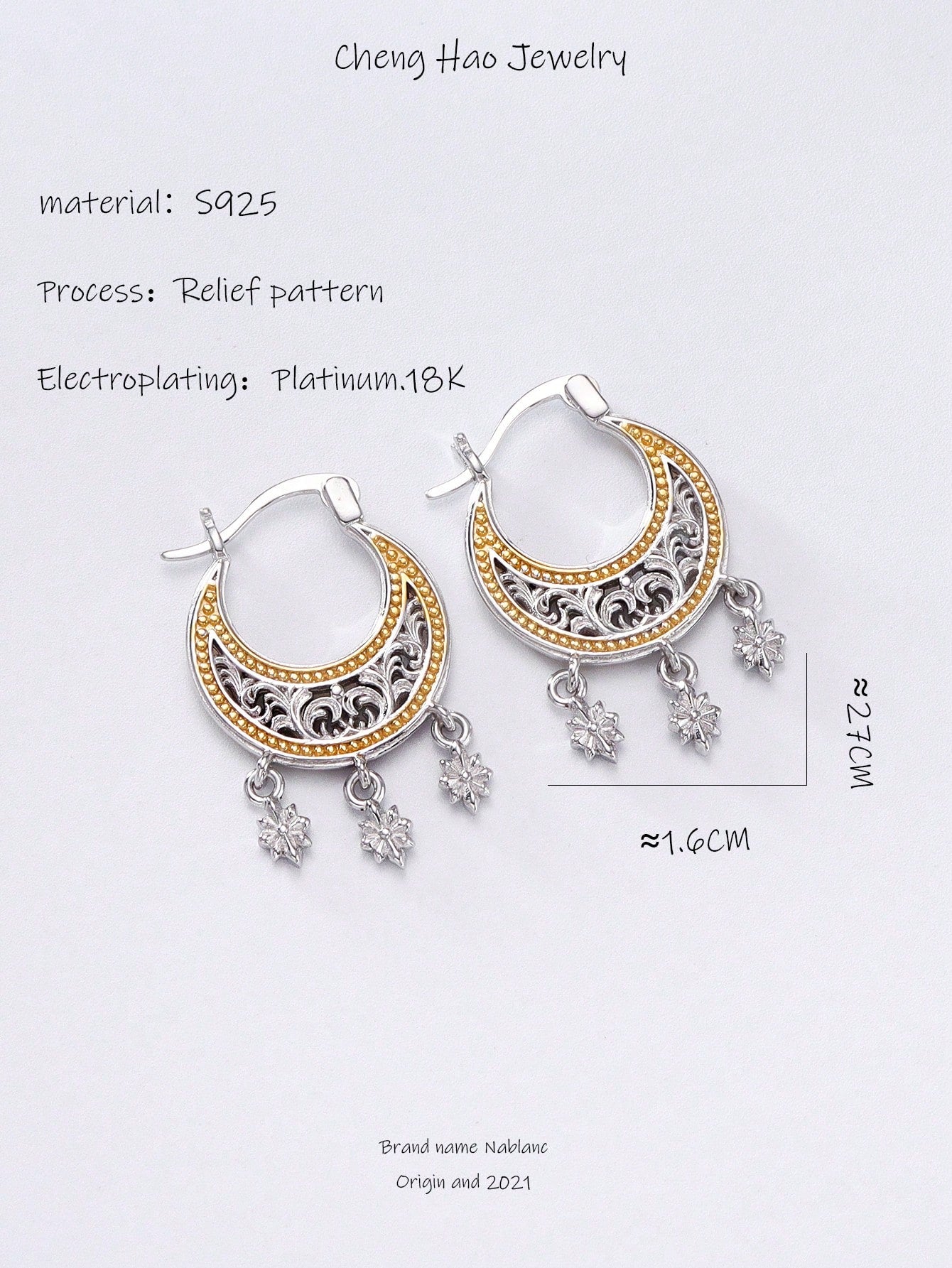 1pair Chinese Style Silver S925 Snow Flake Tassel Earrings, Suitable For Daily Wear For Women-Yellow Gold-1