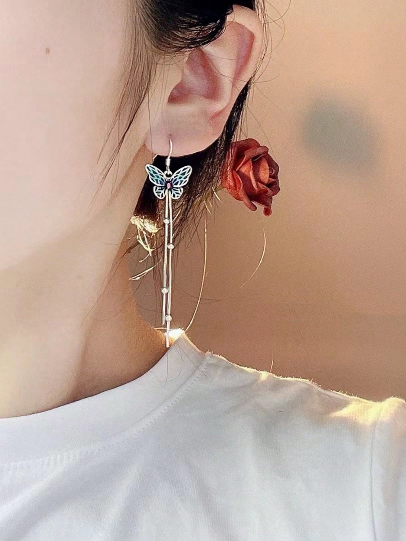 1pc Fashionable Enamel Butterfly & Tassel Dangle Earrings With Cold Tones And Chinese Style, Suitable For Women'S Daily Wear, Party Occasions And Valentine'S Day Gift, Quality Jewelry-Silver-1