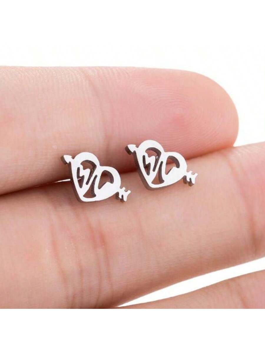 1pair Hollow Heart & Heartbeat Design Stainless Steel Stud Earrings, Minimalist Style, Ideal Valentine's Day Gift For Girlfriend-Army Green-1