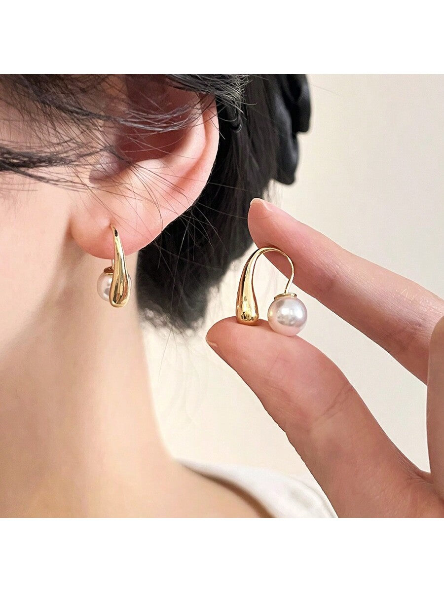 2pcs Simple & Stylish Drop-Shaped Pearl Earrings, Perfect For Daily Wear And Festival Gifts For Women-Multicolor-1